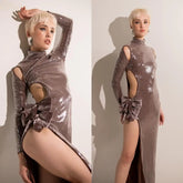 Brown Shinning Sequins Womne Long Sleeve Sexy Florals Bodycon Long Dress High Split Nightclub Party Celebrate Birthday Dress